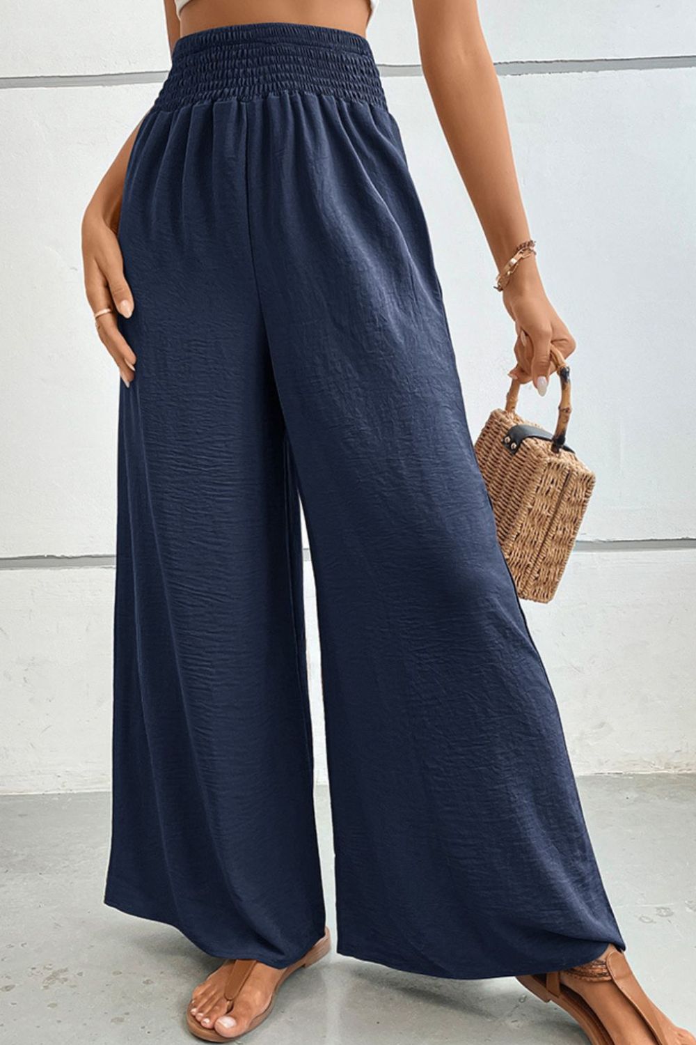 Wide waistband relax fit long pants, casual style.