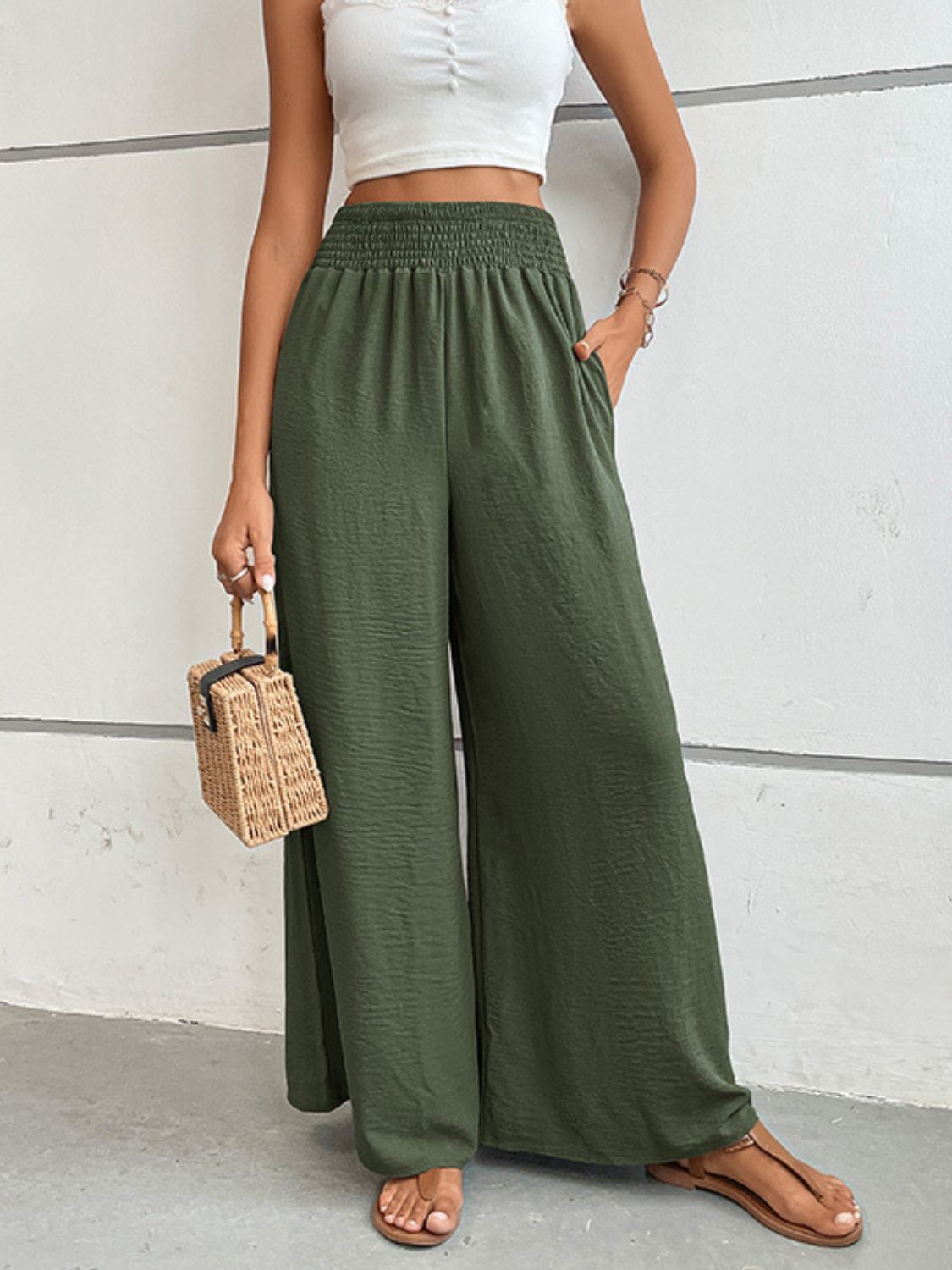 Wide waistband relax fit long pants, casual style.