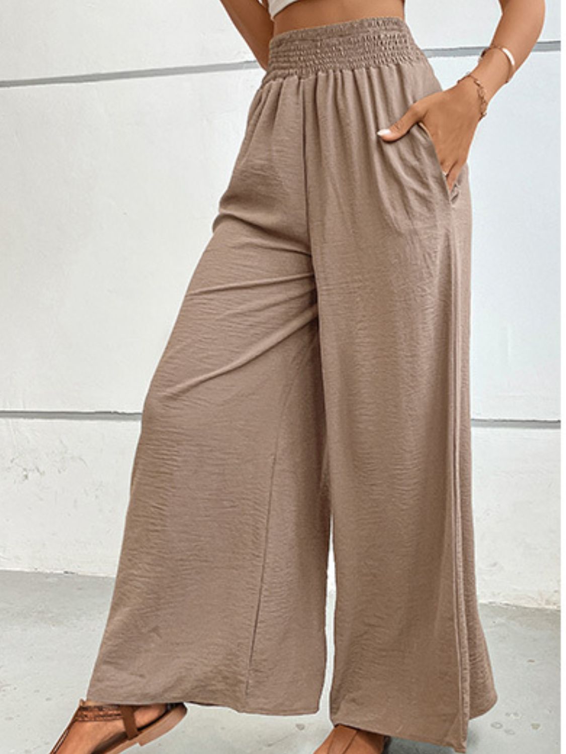 Wide waistband relax fit long pants, casual style.