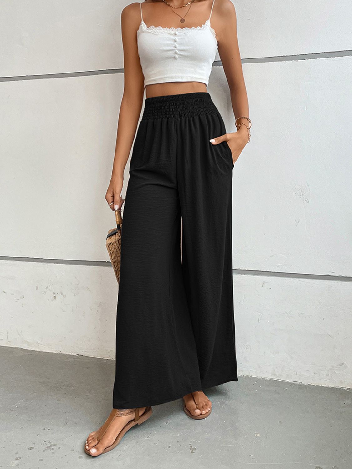 Wide waistband relax fit long pants, casual style.