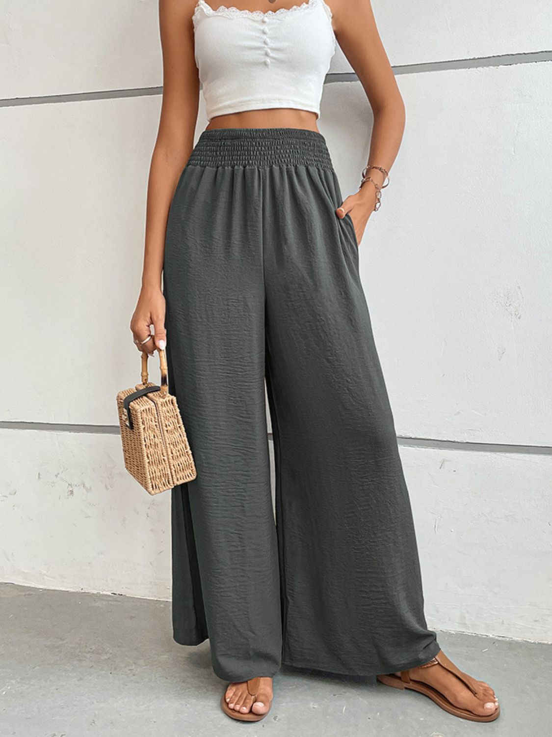 Wide waistband relax fit long pants, casual style.
