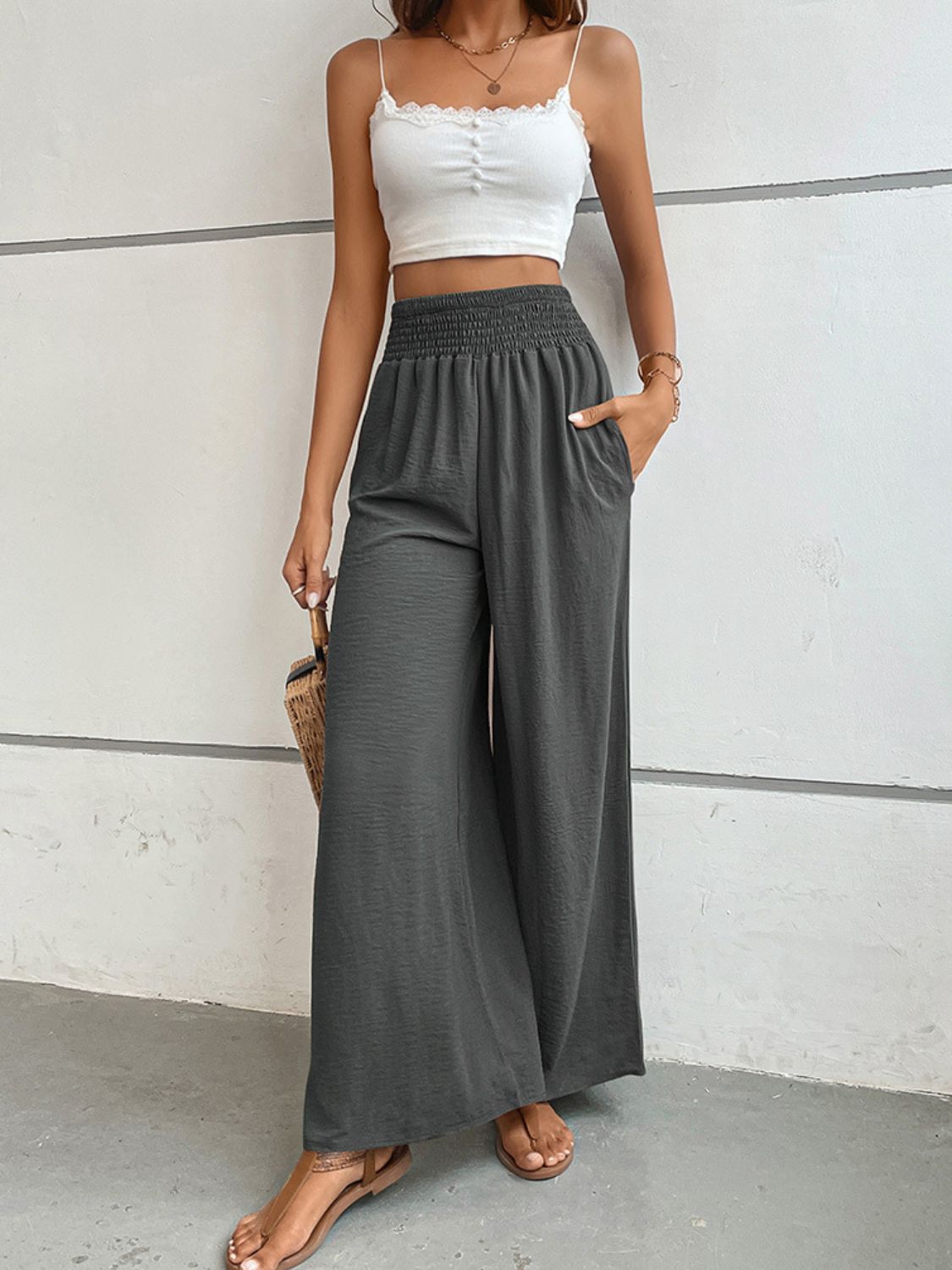 Wide waistband relax fit long pants, casual style.