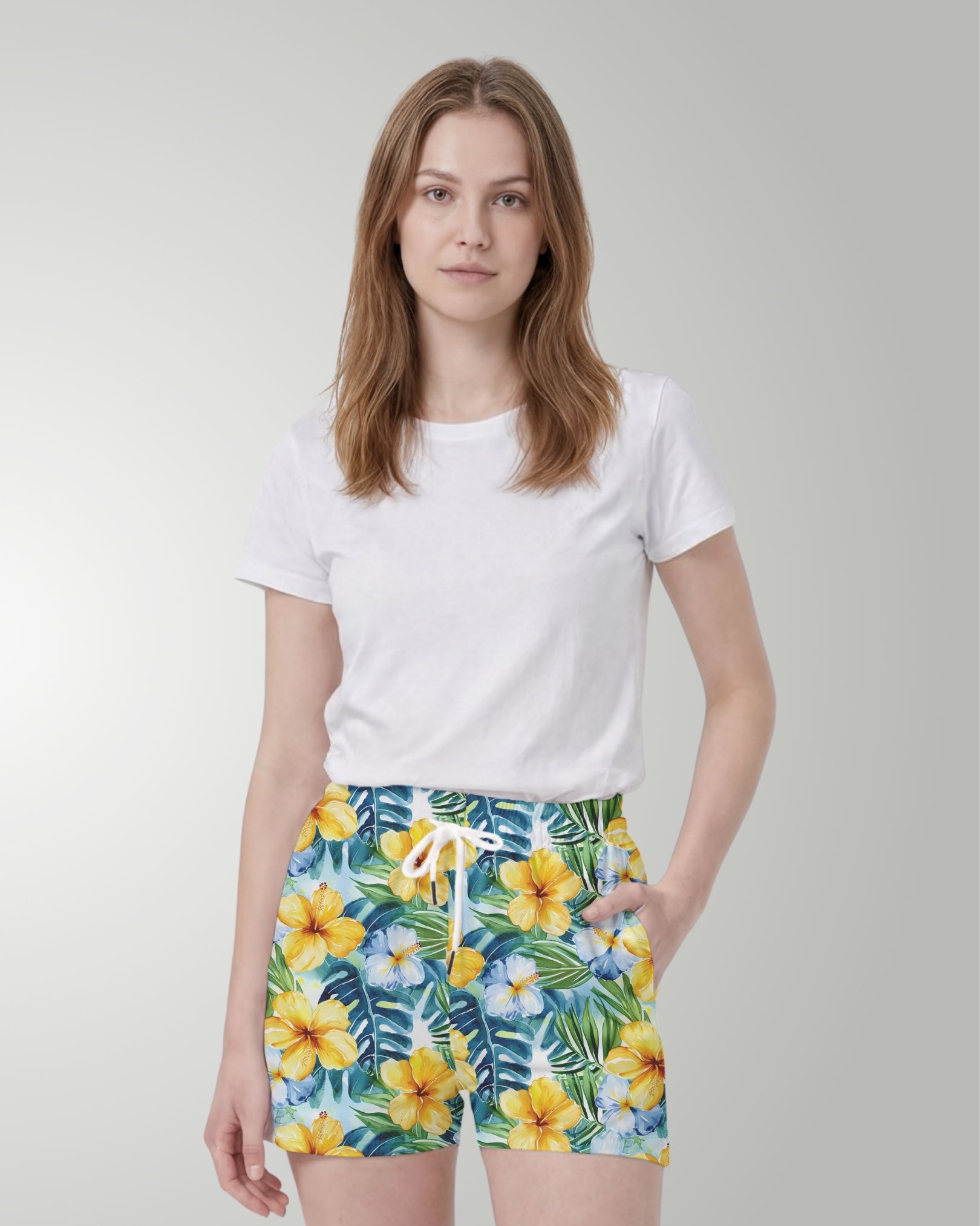 Womens Beach Shorts - Yellow Hibiscus