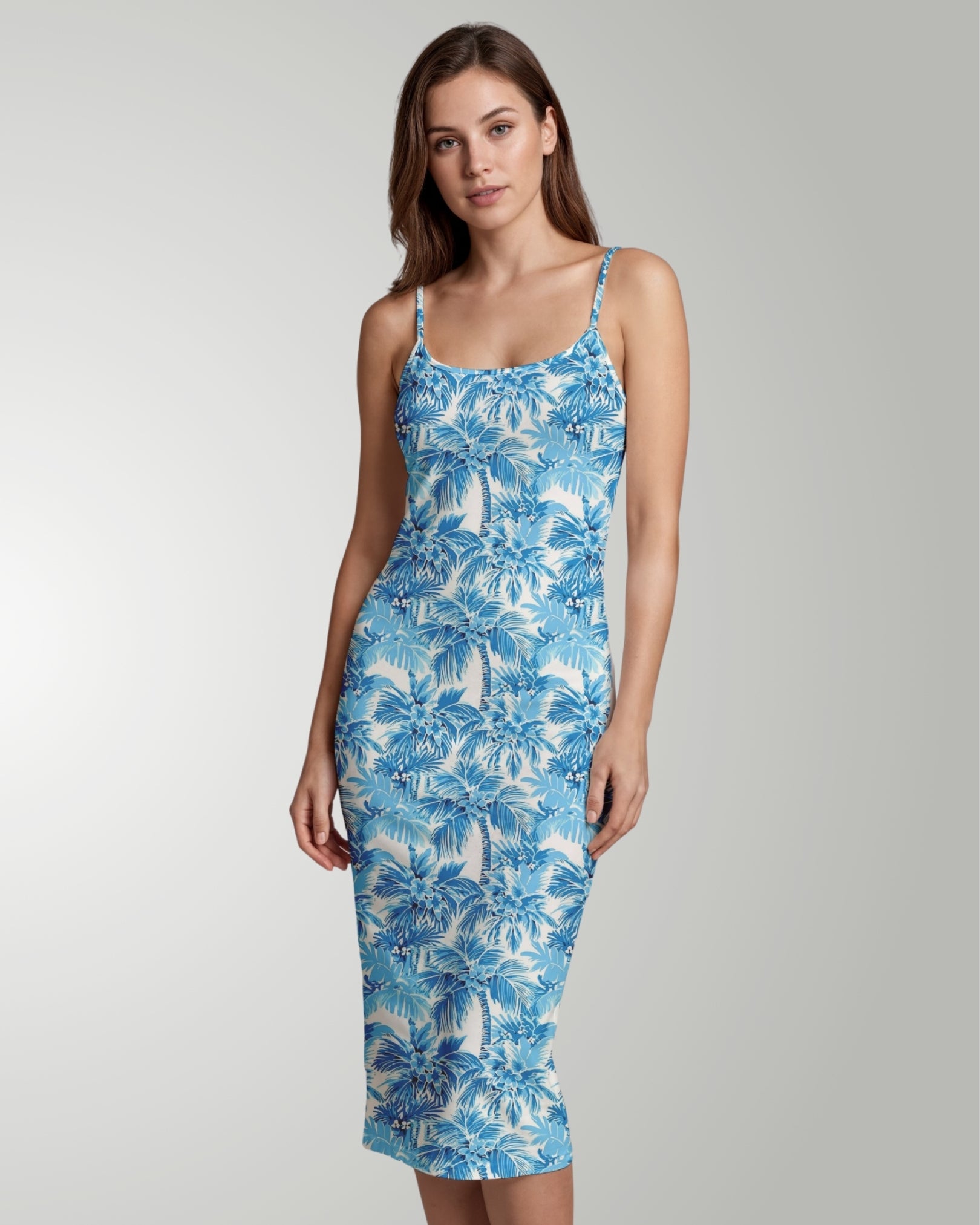 Womens Bodycon Midi Dress - Blue Palms