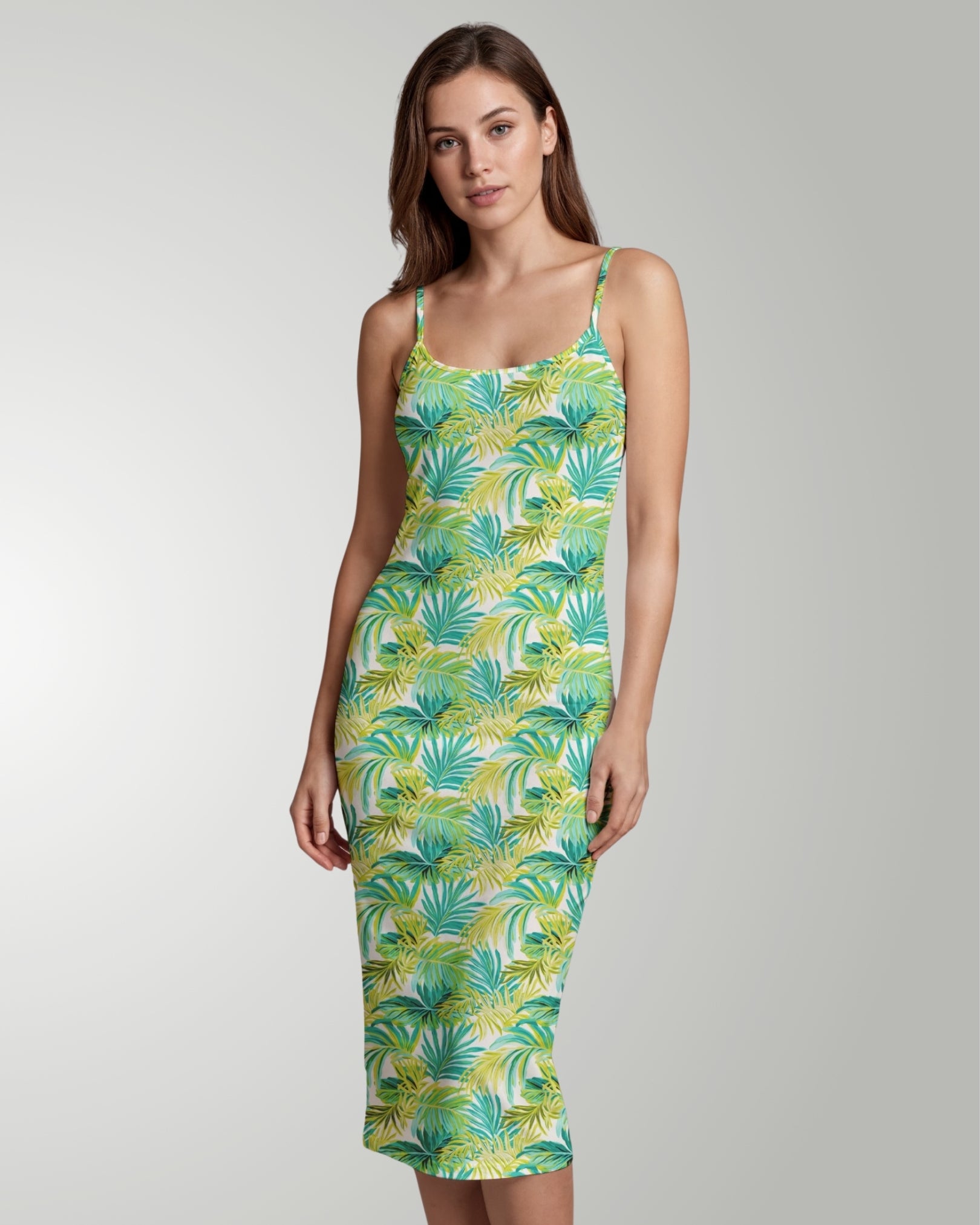 Womens Bodycon Midi Dress - Green Palms