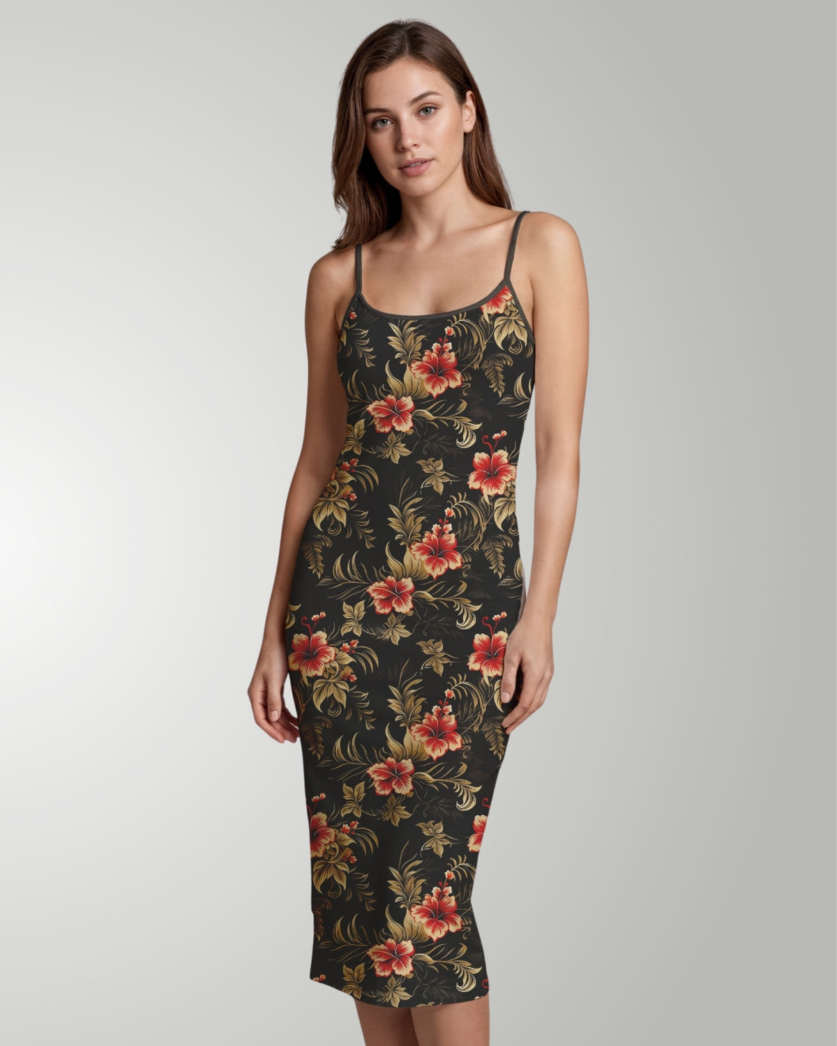 Womens Bodycon Midi Dress - Midnight Hibiscus