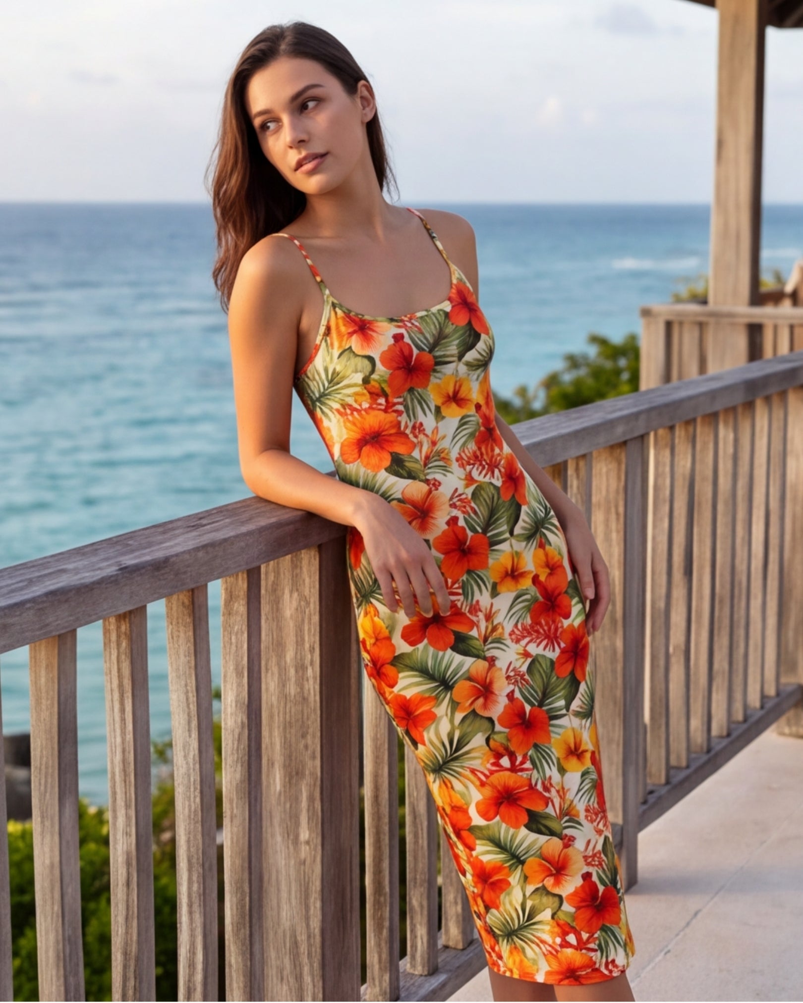 Womens Bodycon Midi Dress - Sunset Bloom