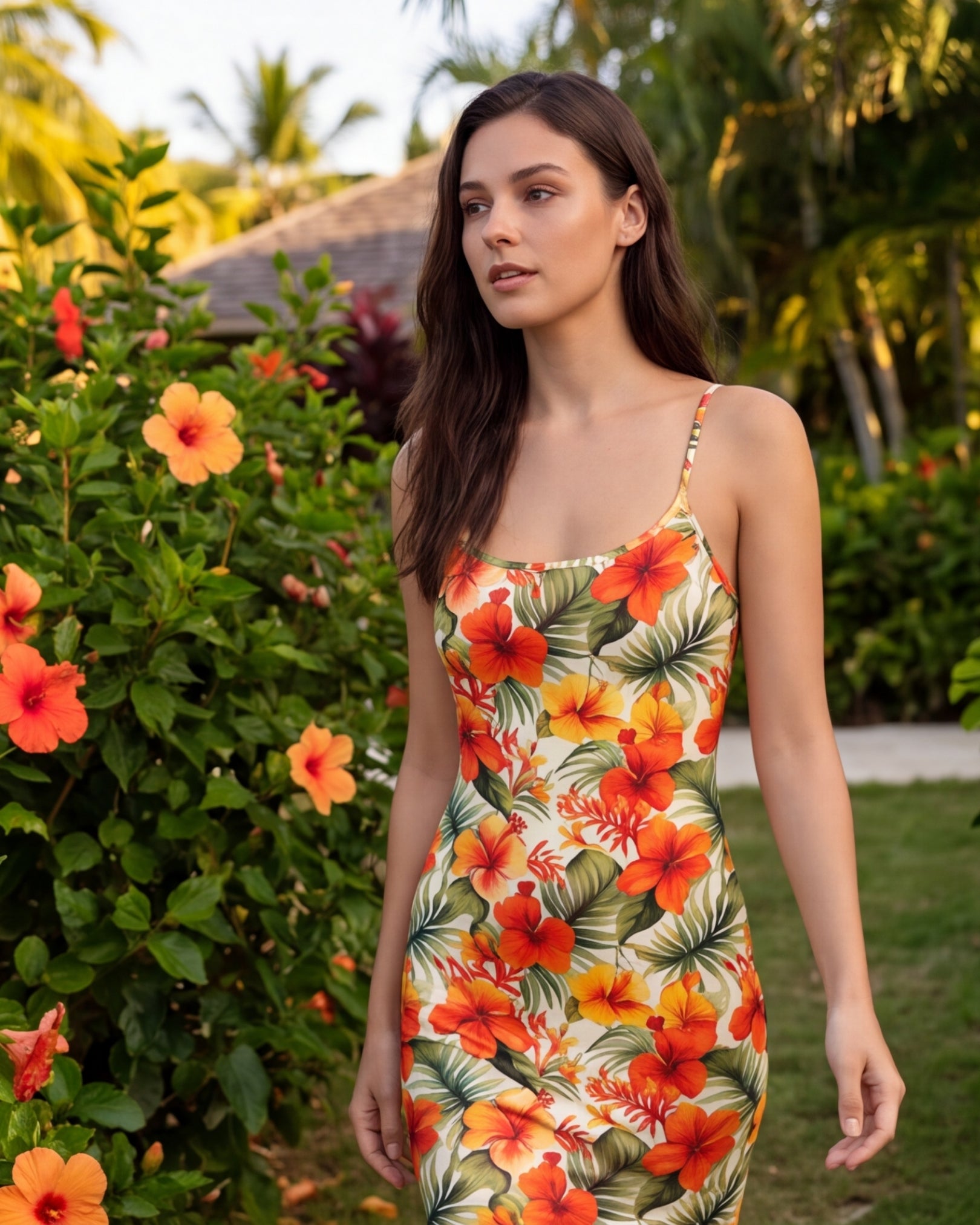 Womens Bodycon Midi Dress - Sunset Bloom