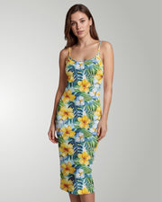 Womens Bodycon Midi Dress - Yellow Hibiscus