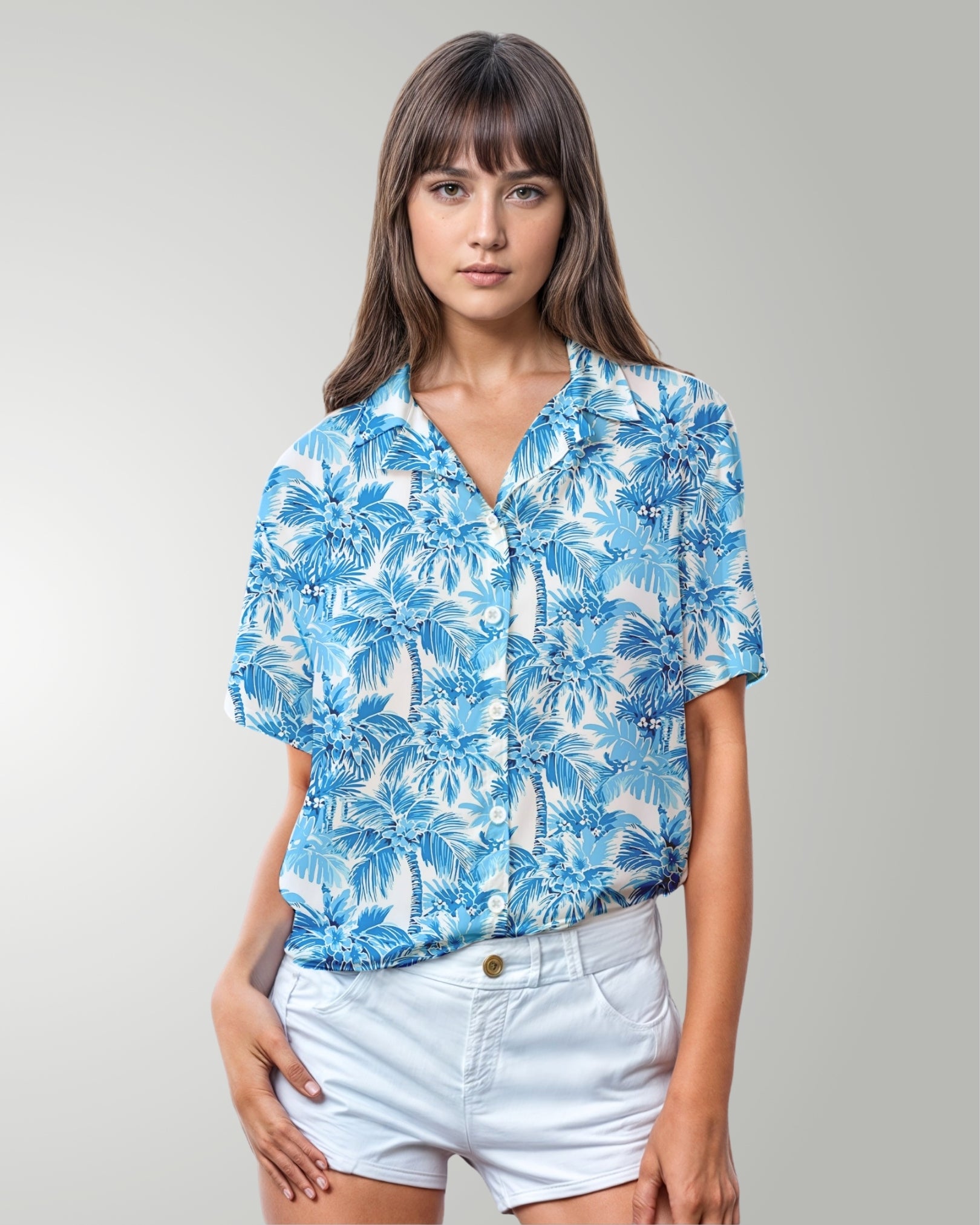 Womens Hawaiian Shirt - Blue Palms