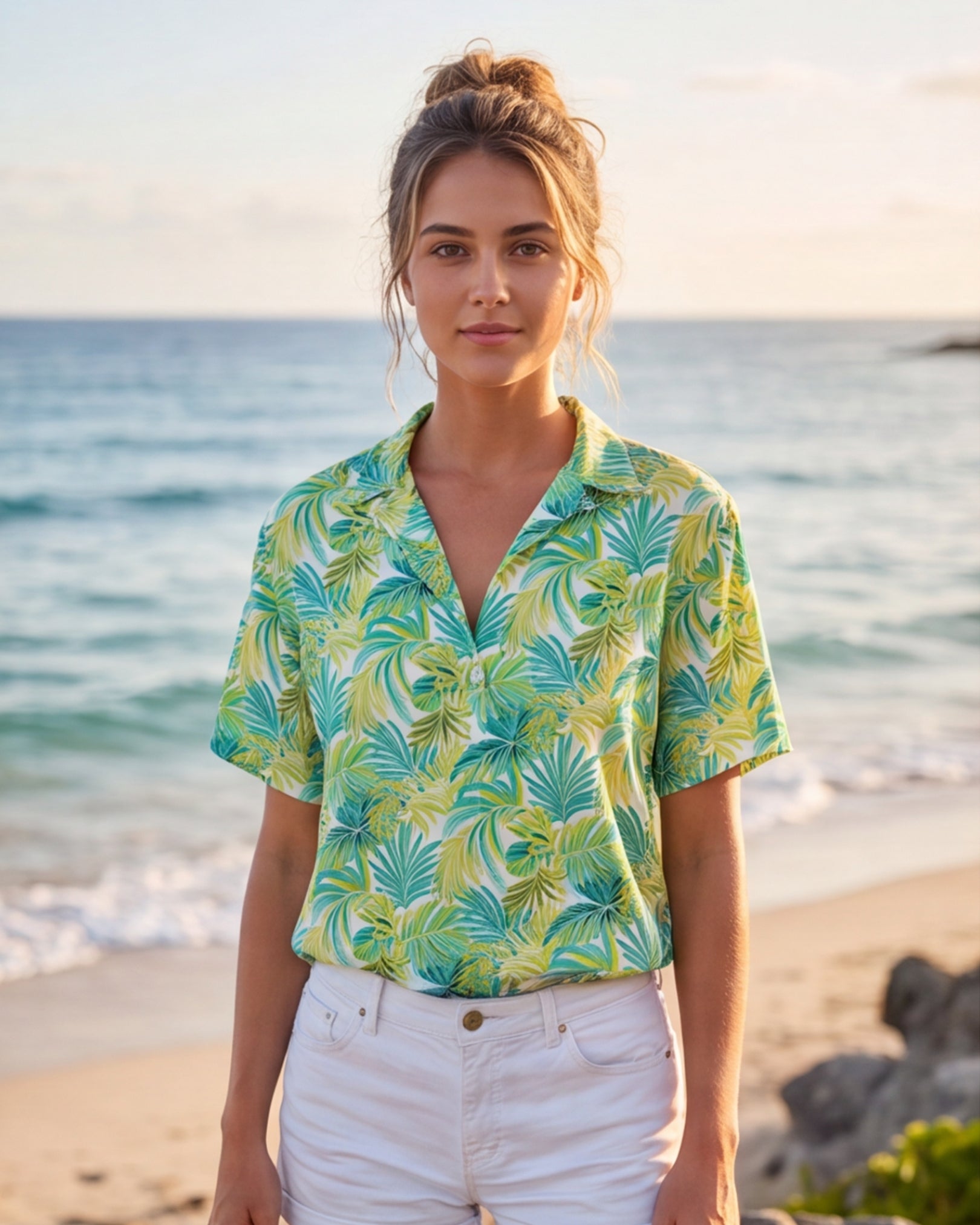 Womens Hawaiian Shirt - Green Palms