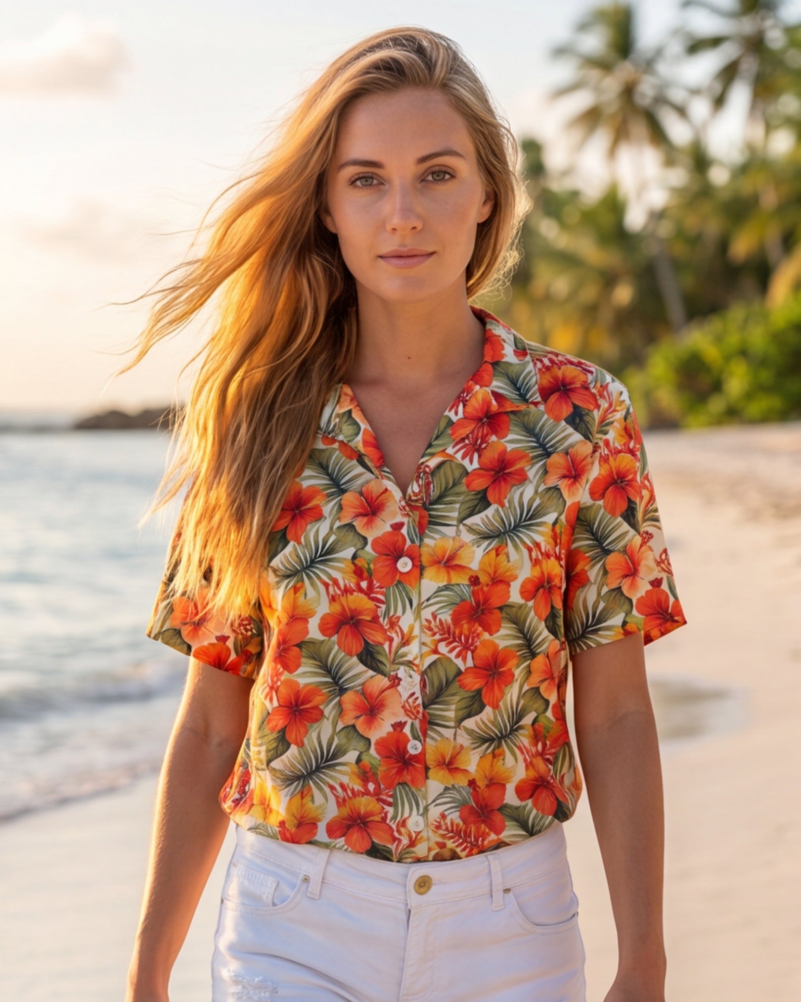 Womens Hawaiian Shirt - Sunset Bloom