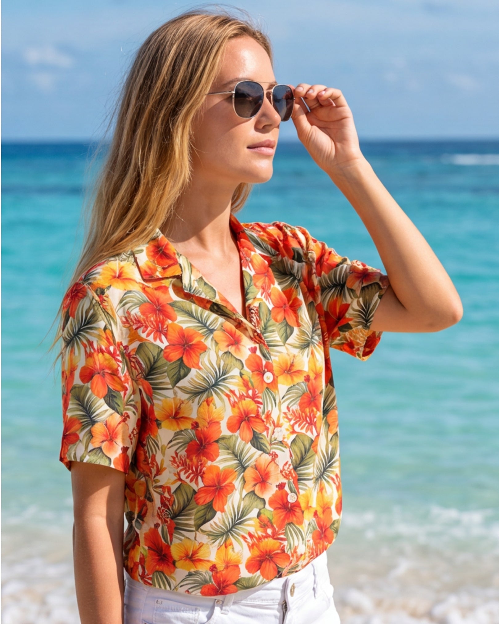 Womens Hawaiian Shirt - Sunset Bloom