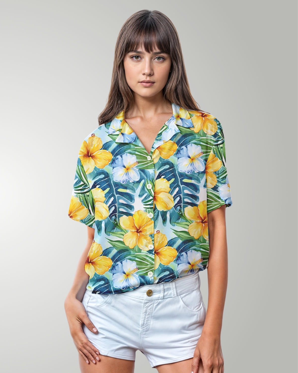 Womens Hawaiian Shirt - Yellow Hibiscus