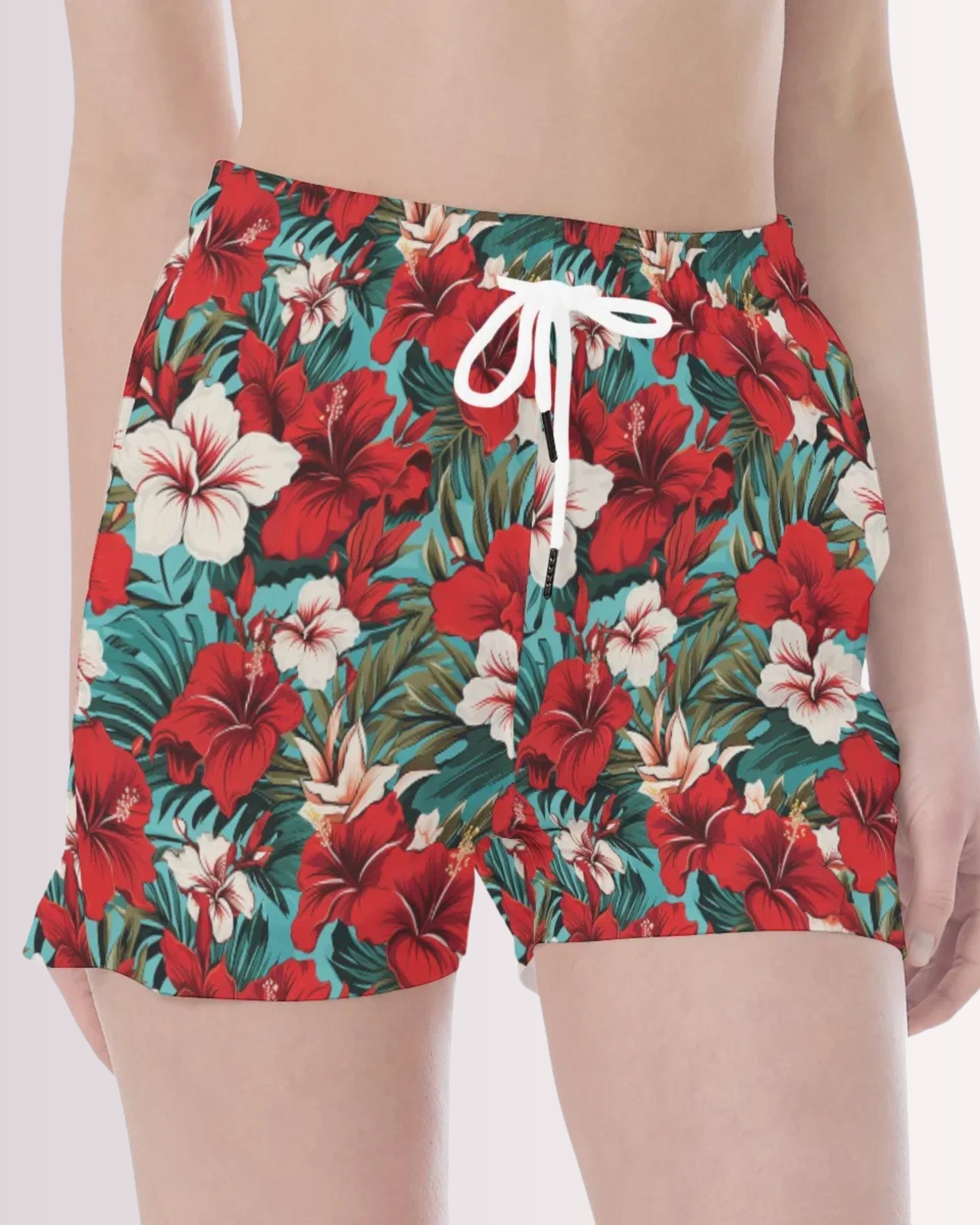 Womens Beach Shorts - Red Hawaiian II