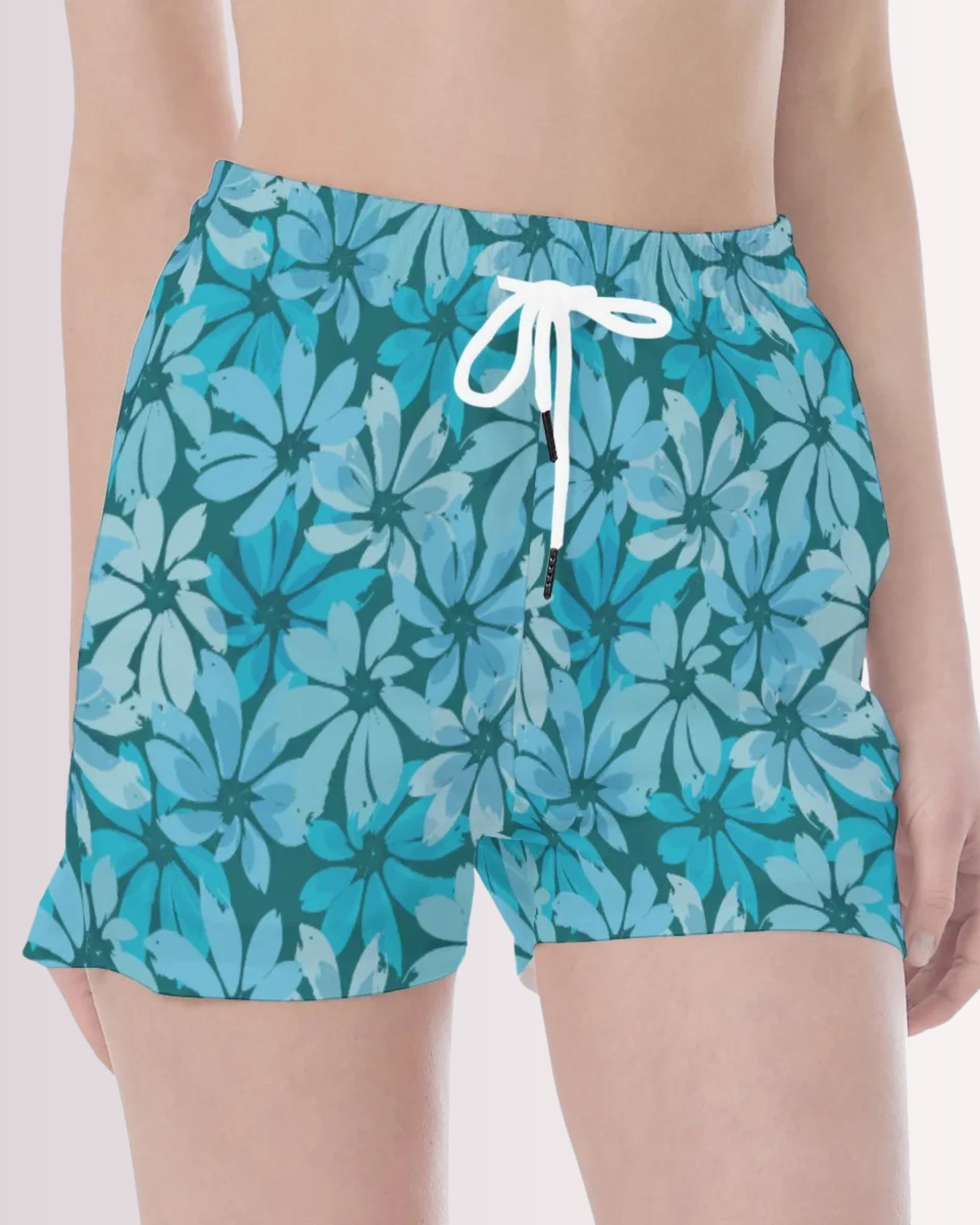 Womens Beach Shorts - Tropical Blue Floral I