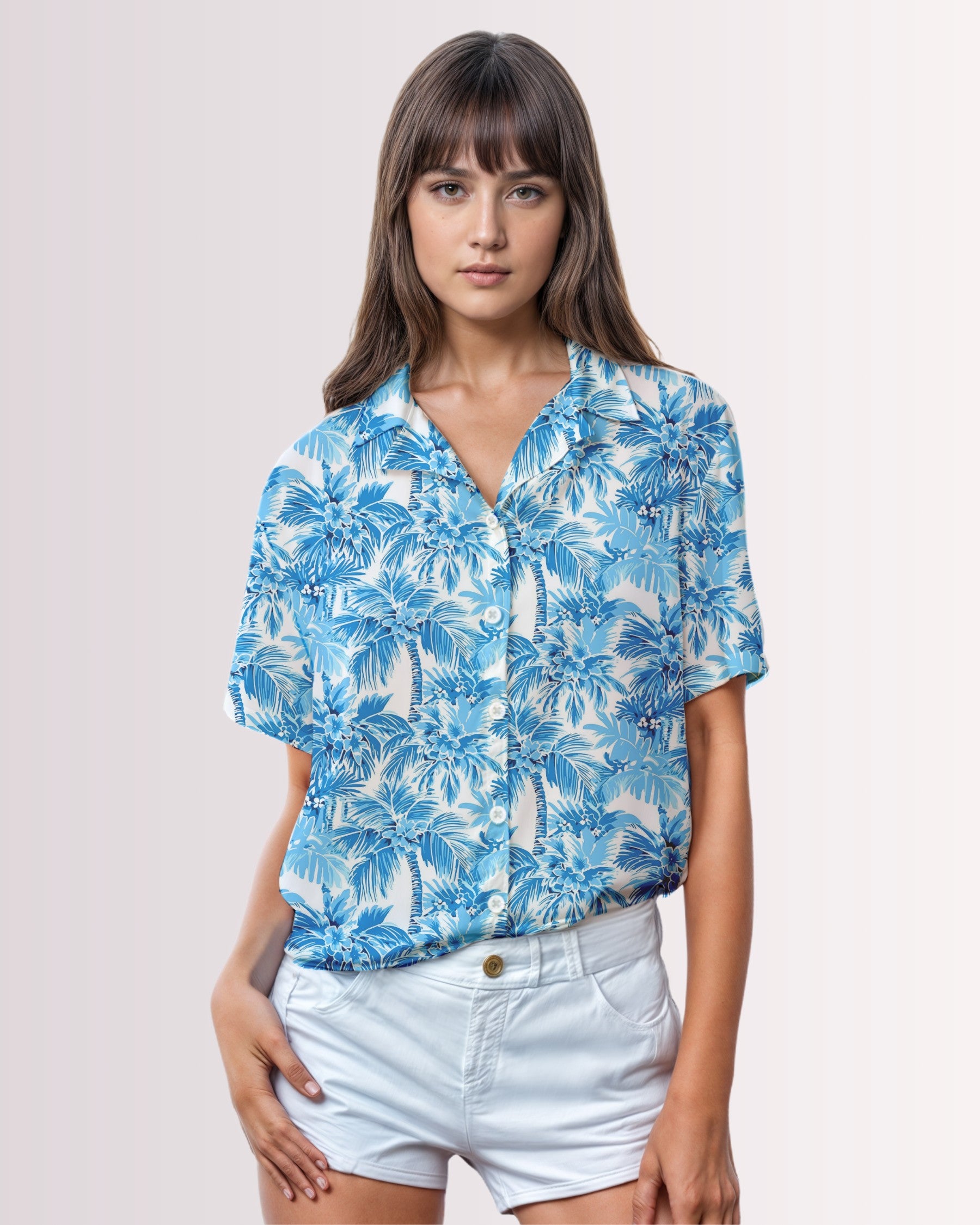 Womens Hawaiian Shirt - Blue Palm Trees I