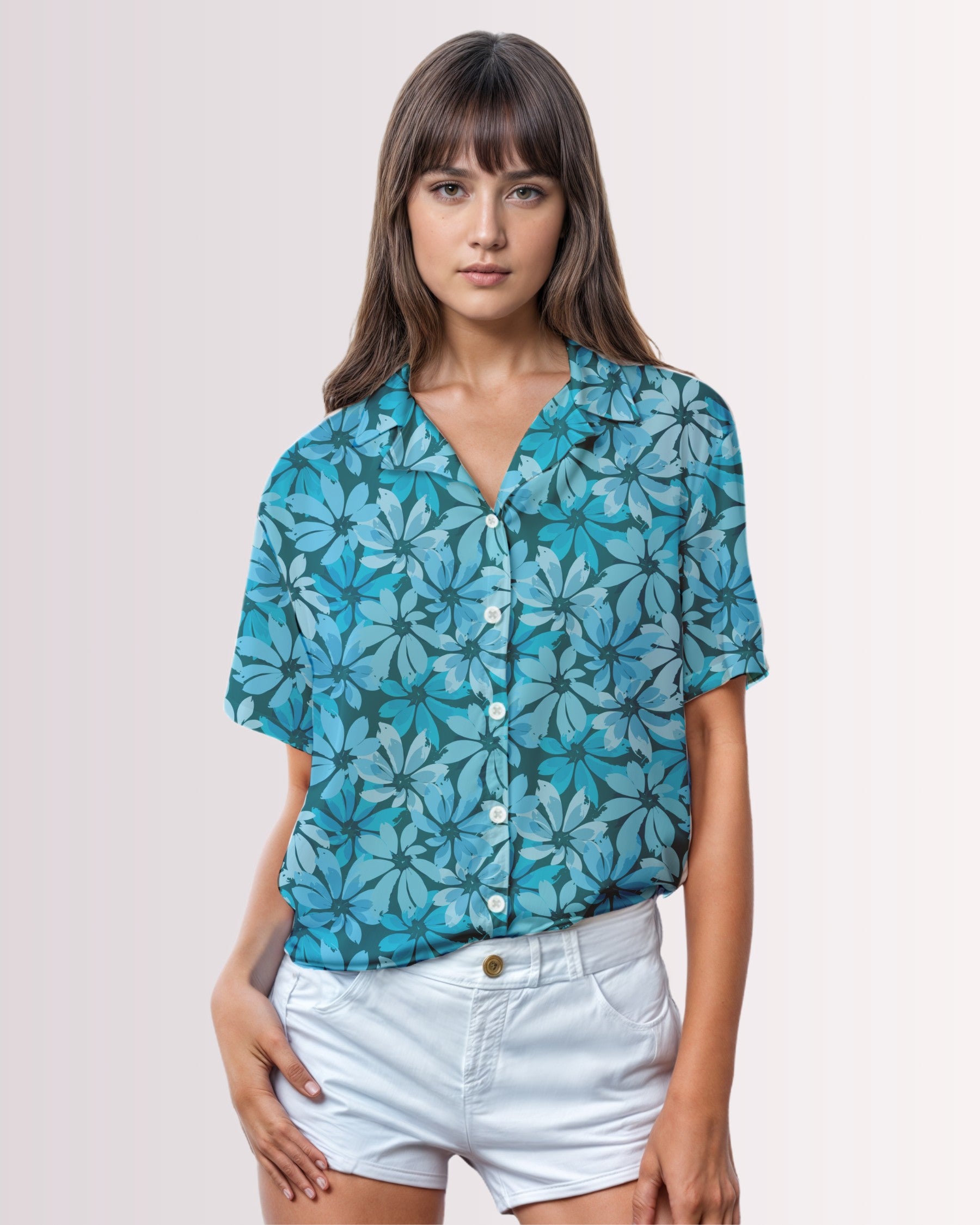 Womens Hawaiian Shirt - Tropical Blue Floral I