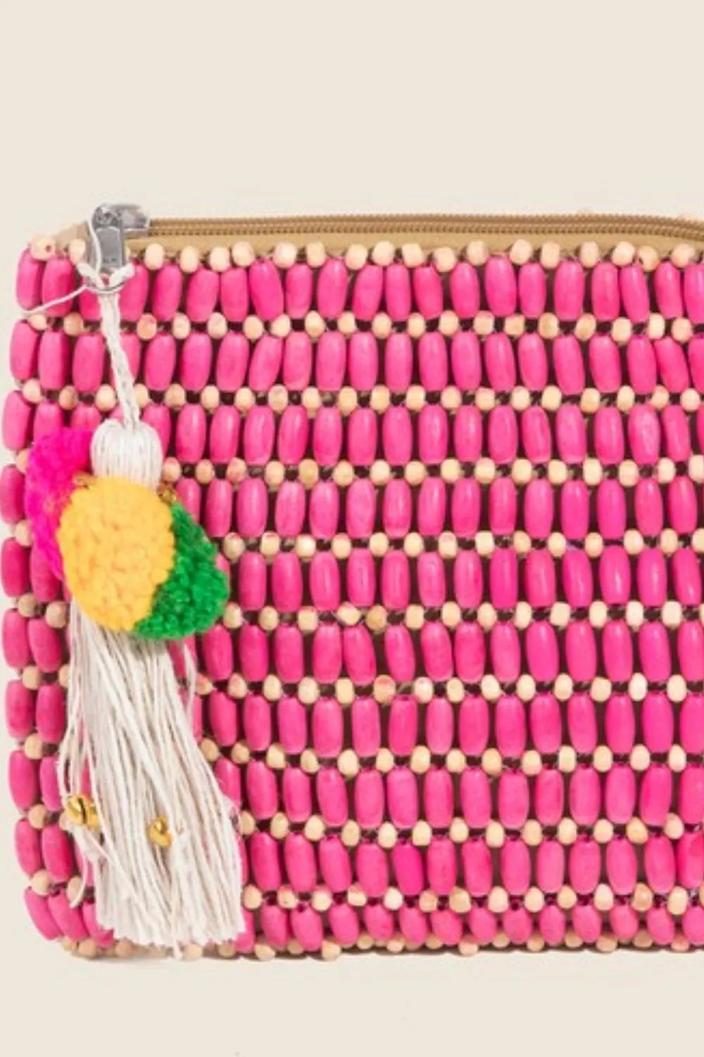 Small wooden beaded rectangle bag.