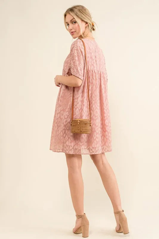 And The Why Woven Leopard Baby Doll Roll-Sleeve Casual Dress.