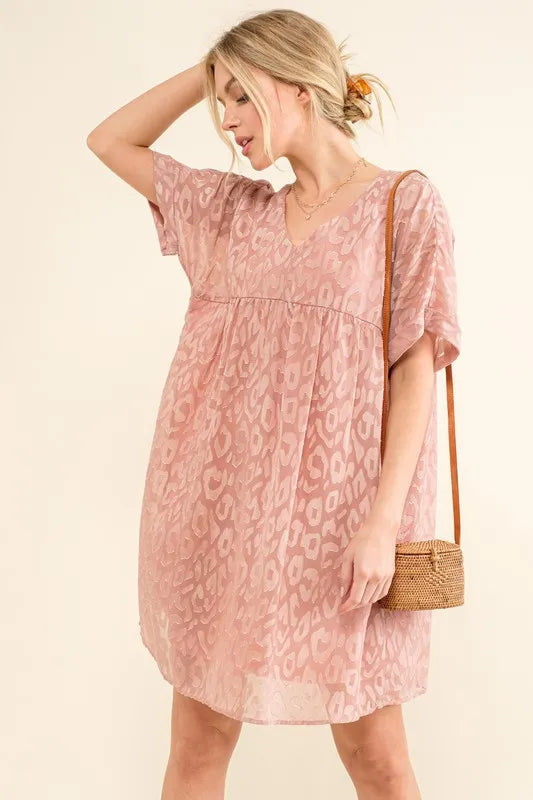 And The Why Woven Leopard Baby Doll Roll-Sleeve Casual Dress.