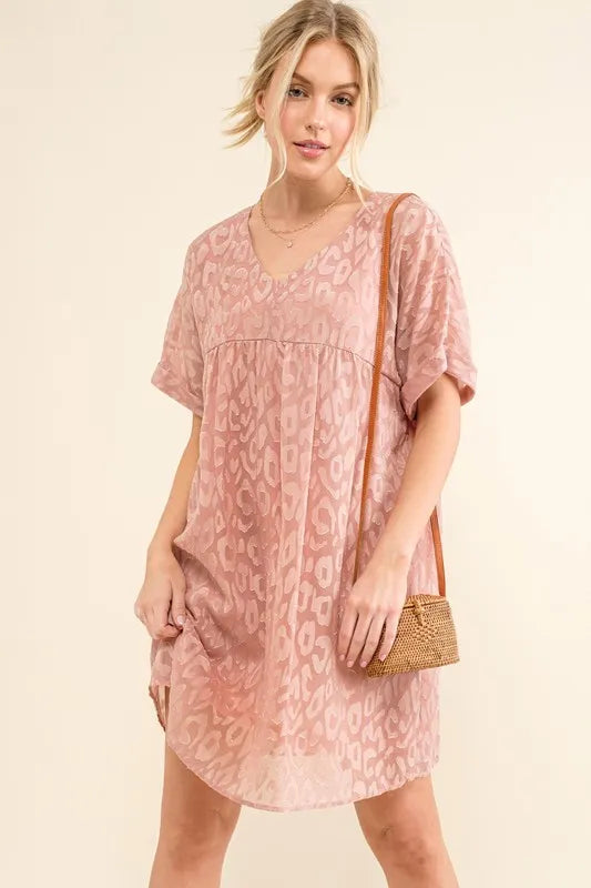 And The Why Woven Leopard Baby Doll Roll-Sleeve Casual Dress.