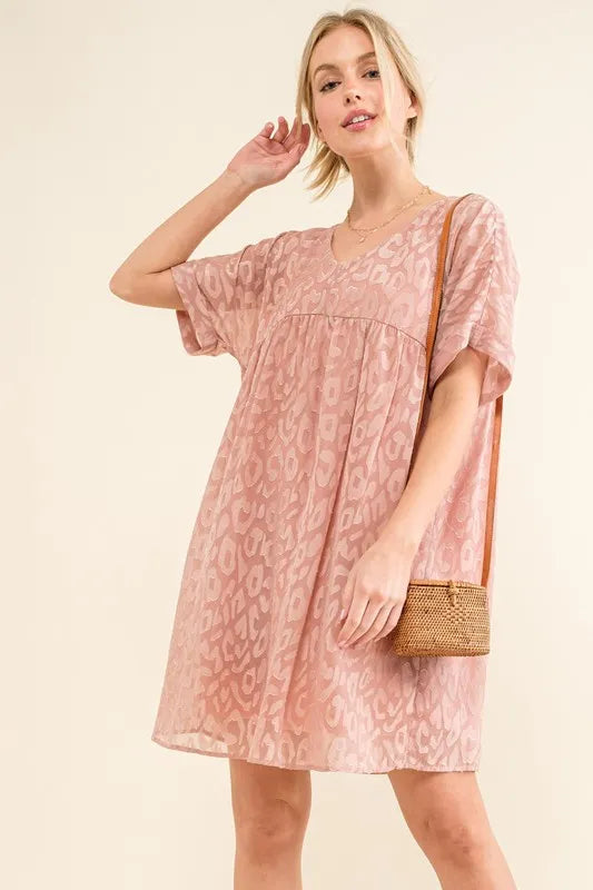 And The Why Woven Leopard Baby Doll Roll-Sleeve Casual Dress.