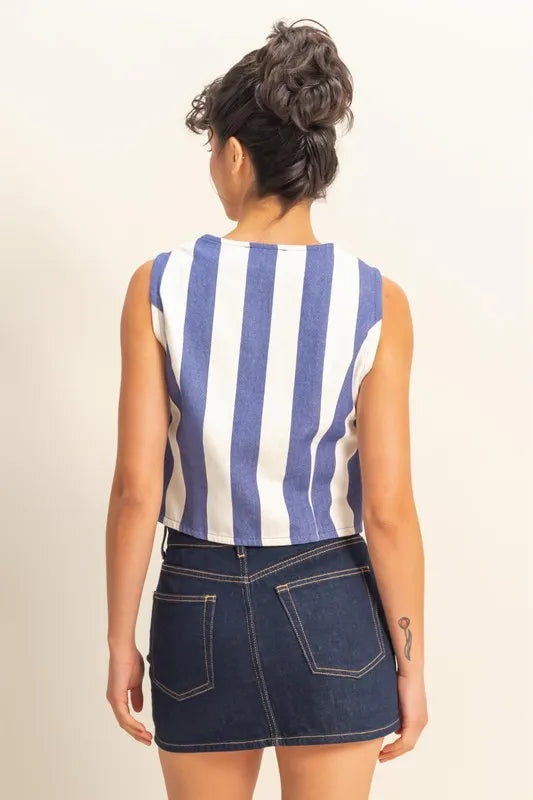 Woven striped V-neck button down vest.