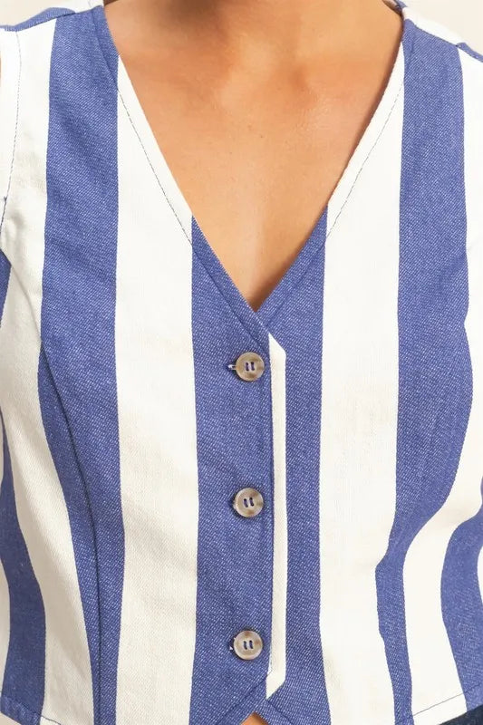 Woven striped V-neck button down vest.