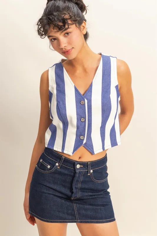 Woven striped V-neck button down vest.