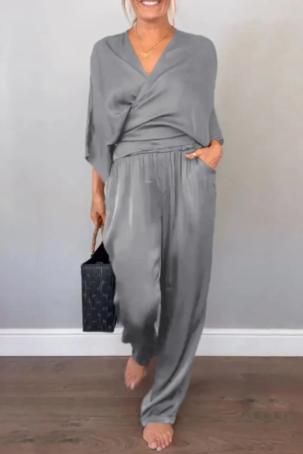 Full Size Wrap Surplice Top and Pants Set Plus Size.