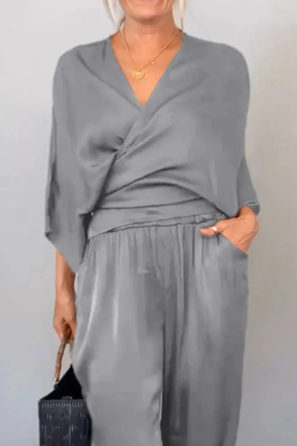 Full Size Wrap Surplice Top and Pants Set Plus Size.