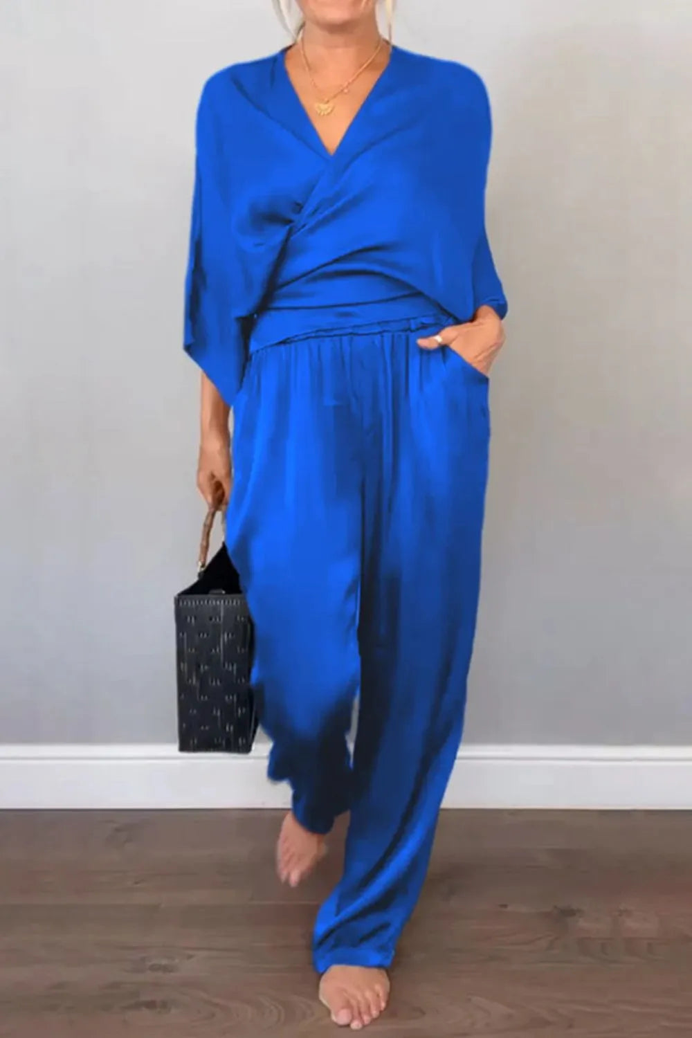 Full Size Wrap Surplice Top and Pants Set Plus Size.