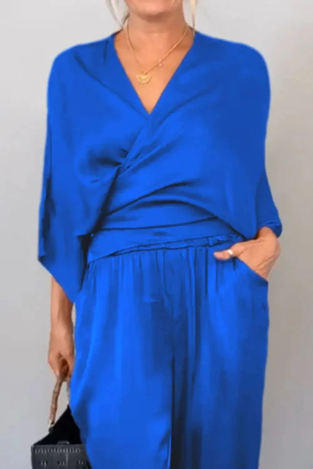 Full Size Wrap Surplice Top and Pants Set Plus Size.