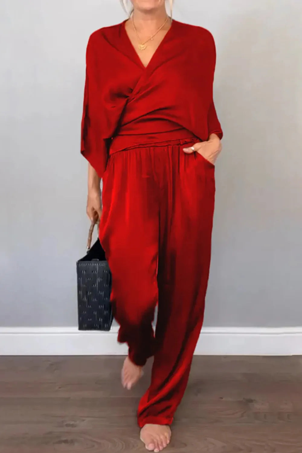 Full Size Wrap Surplice Top and Pants Set Plus Size.