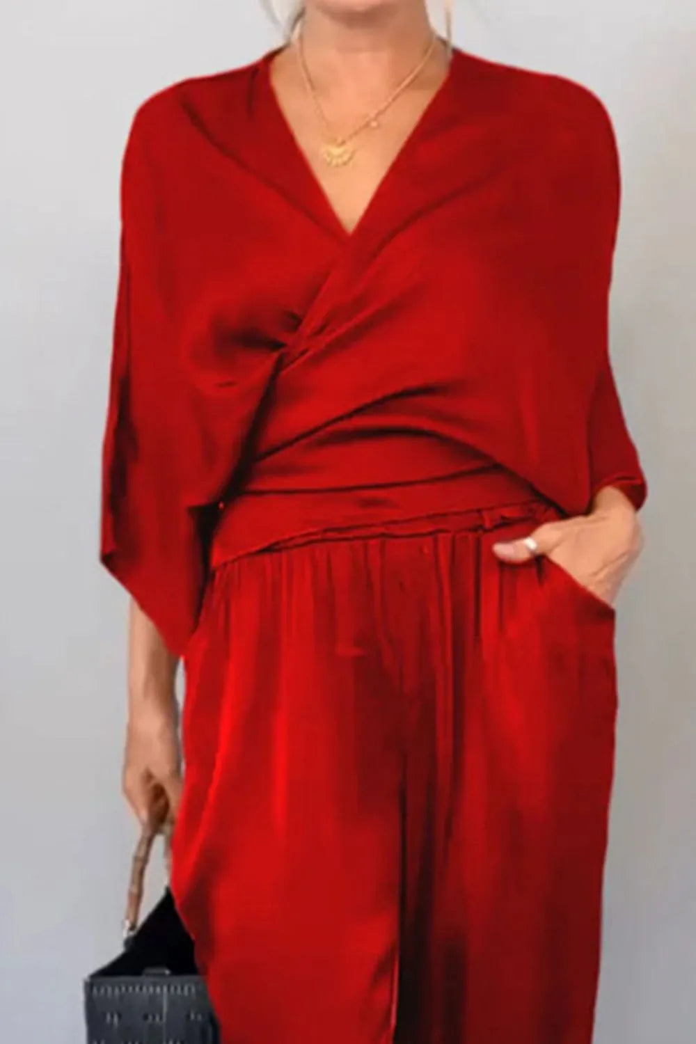 Full Size Wrap Surplice Top and Pants Set Plus Size.