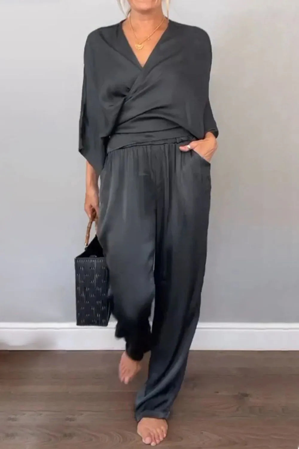 Full Size Wrap Surplice Top and Pants Set Plus Size.