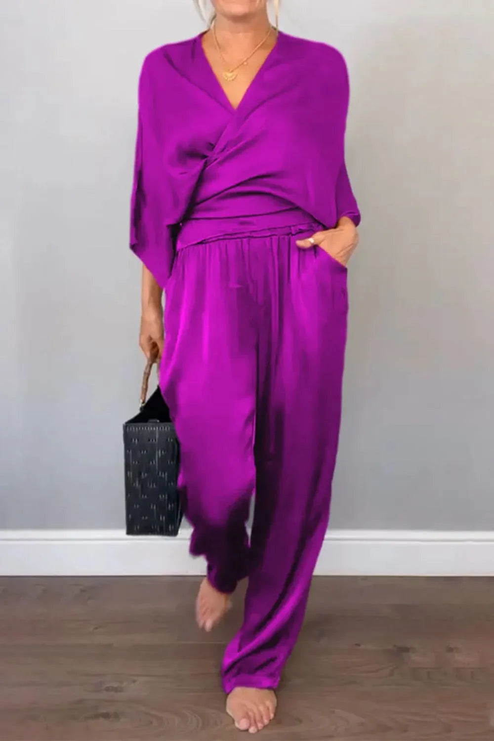 Full Size Wrap Surplice Top and Pants Set Plus Size.
