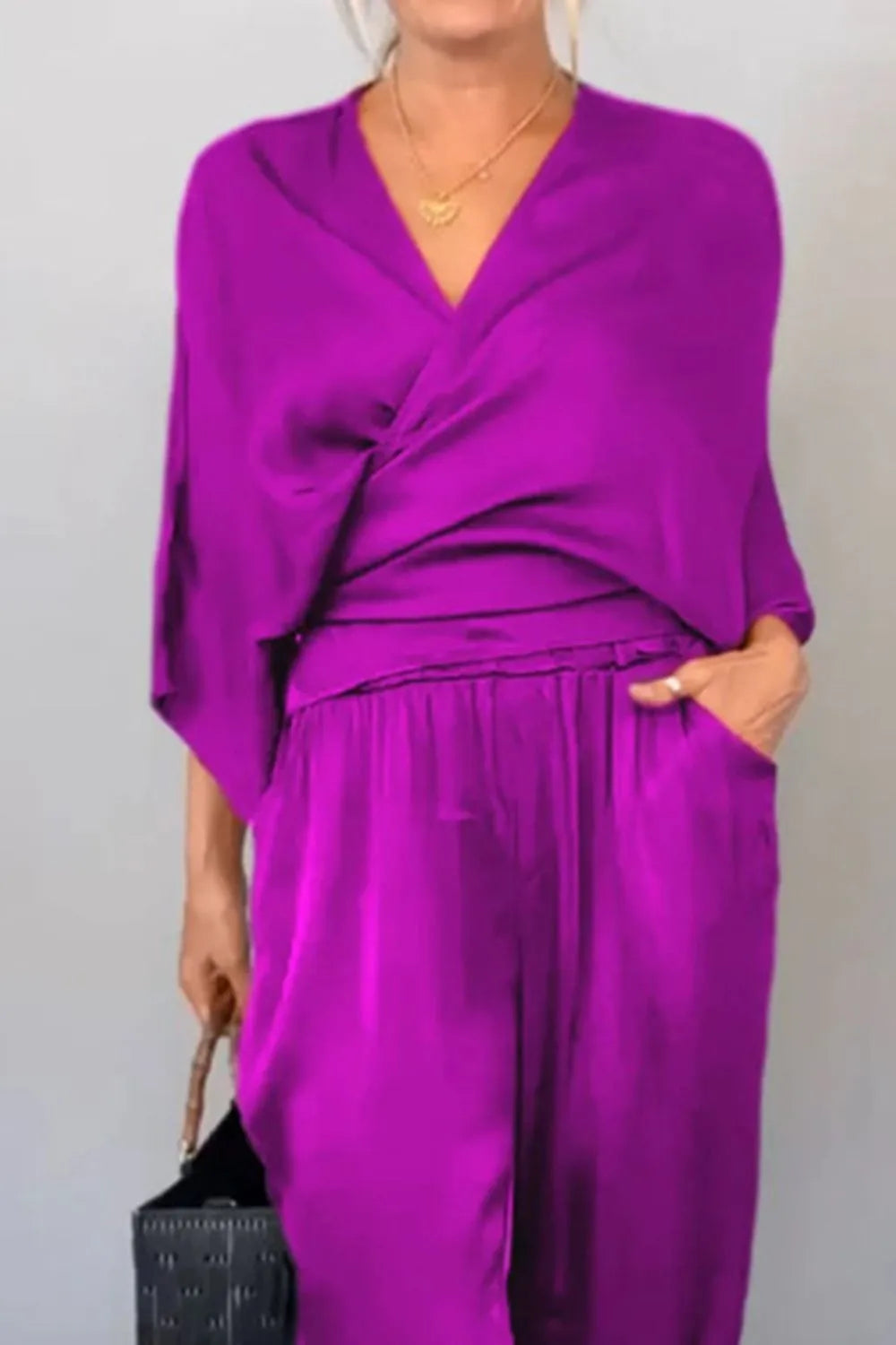Full Size Wrap Surplice Top and Pants Set Plus Size.