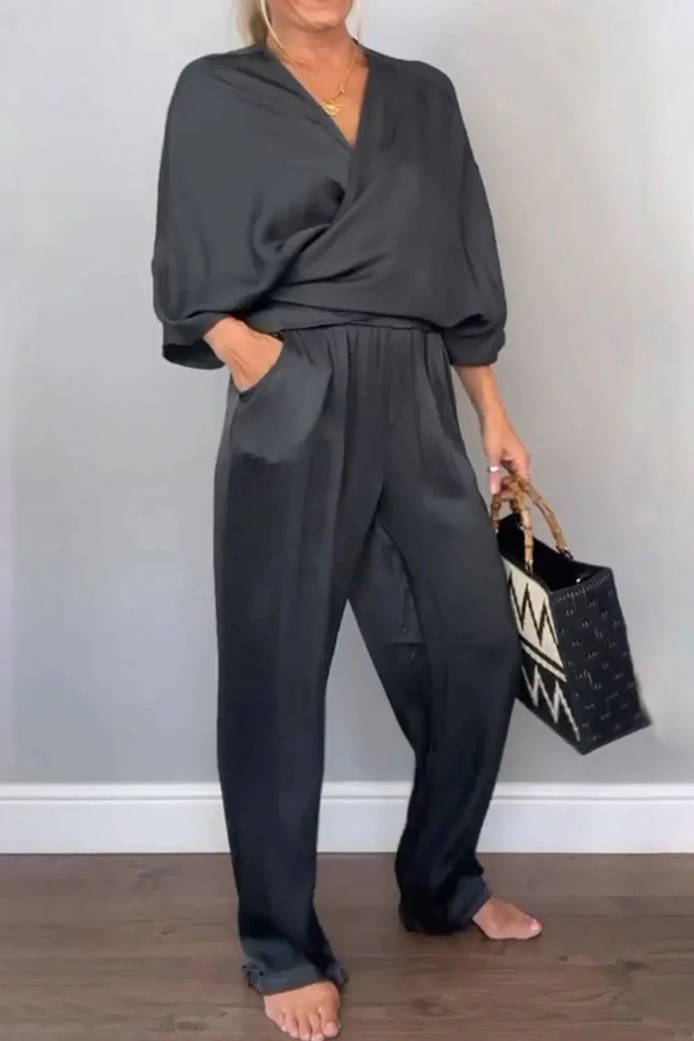 Full Size Wrap Surplice Top and Pants Set Plus Size.