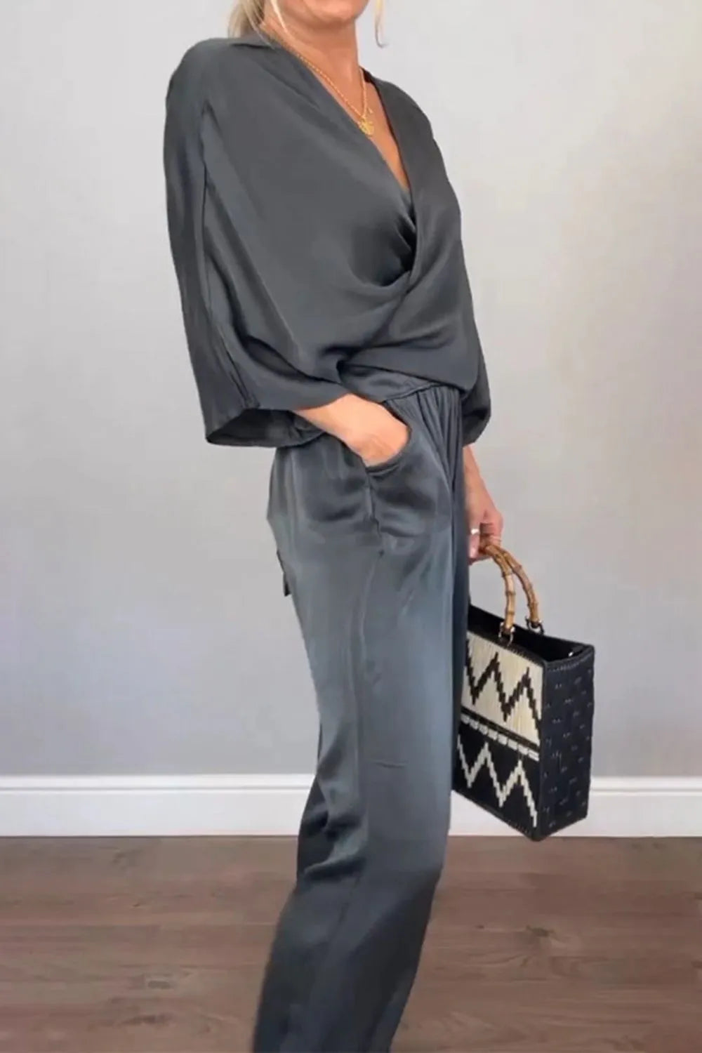 Full Size Wrap Surplice Top and Pants Set Plus Size.