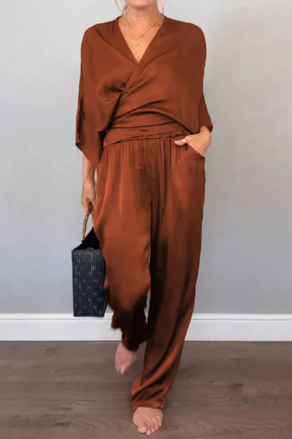 Full Size Wrap Surplice Top and Pants Set Plus Size.