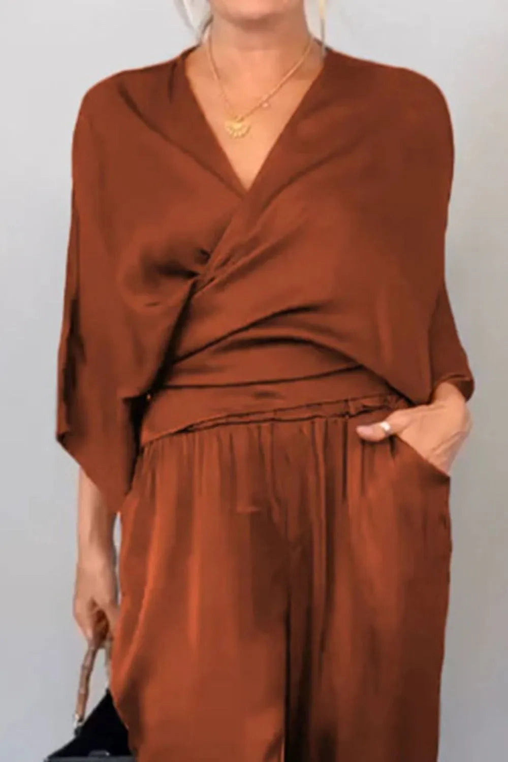 Full Size Wrap Surplice Top and Pants Set Plus Size.