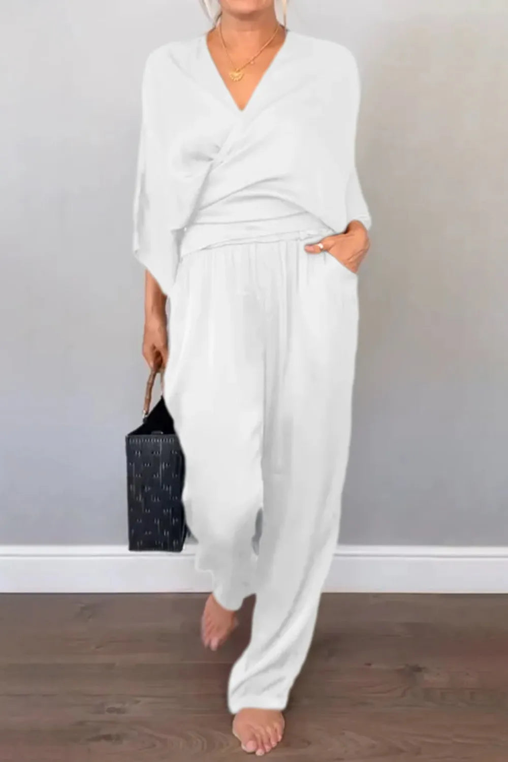 Full Size Wrap Surplice Top and Pants Set Plus Size.