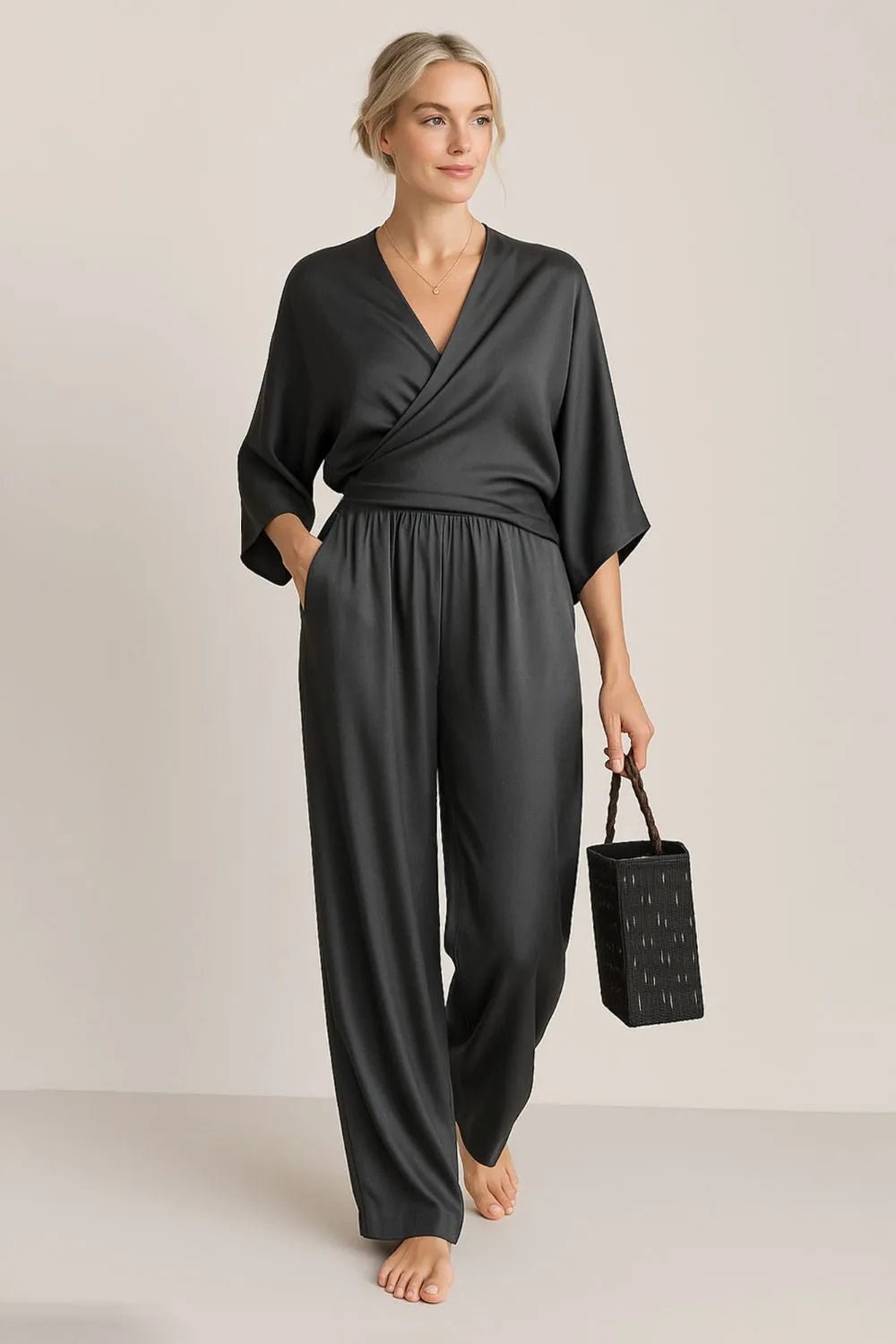 Full Size Wrap Surplice Top and Pants Set Plus Size.