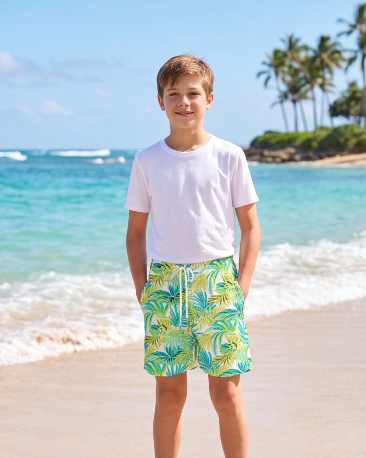 Youth Beach Shorts - Green Palms