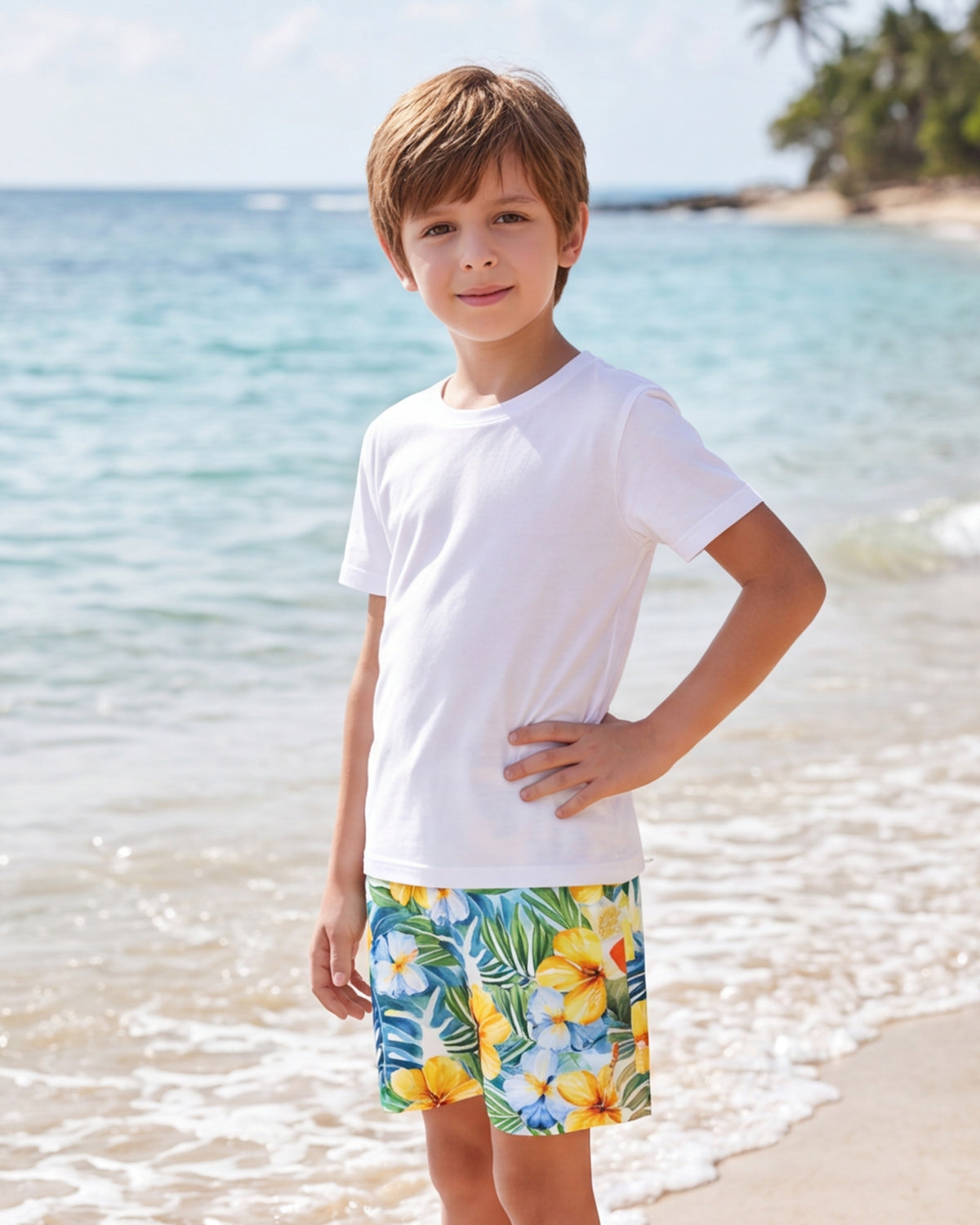 Youth Beach Shorts - Yellow Hibiscus