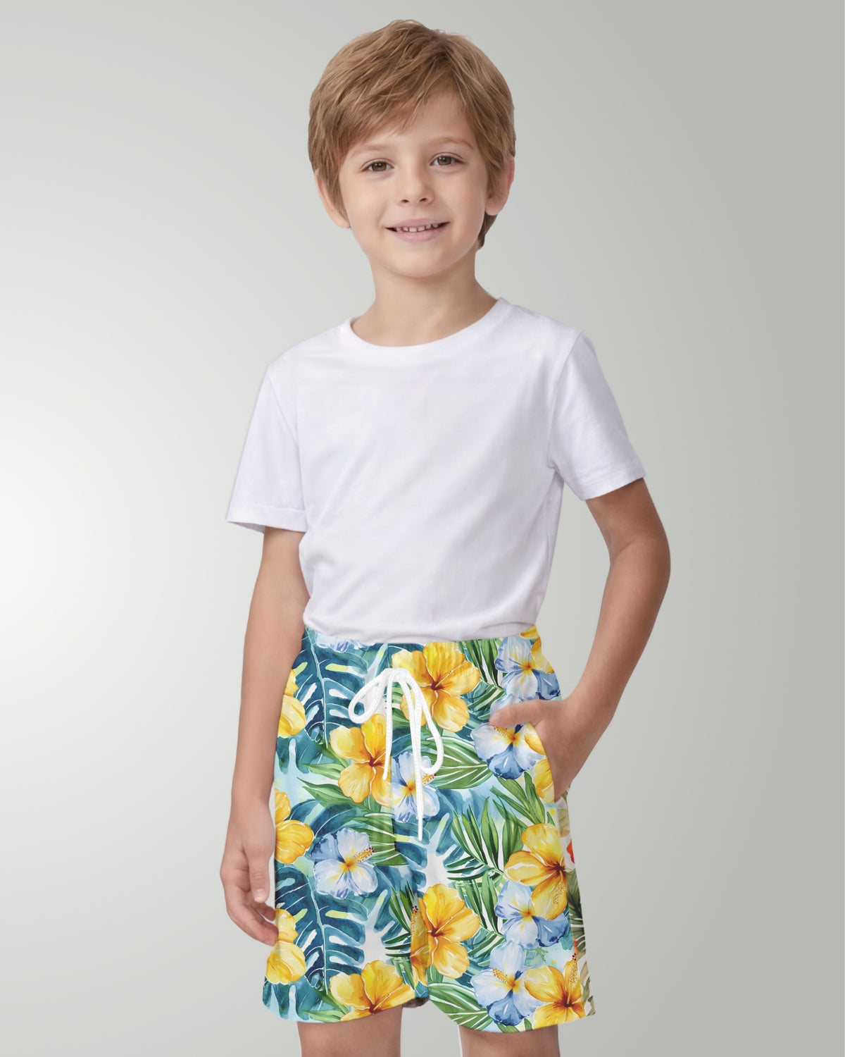 Youth Beach Shorts - Yellow Hibiscus