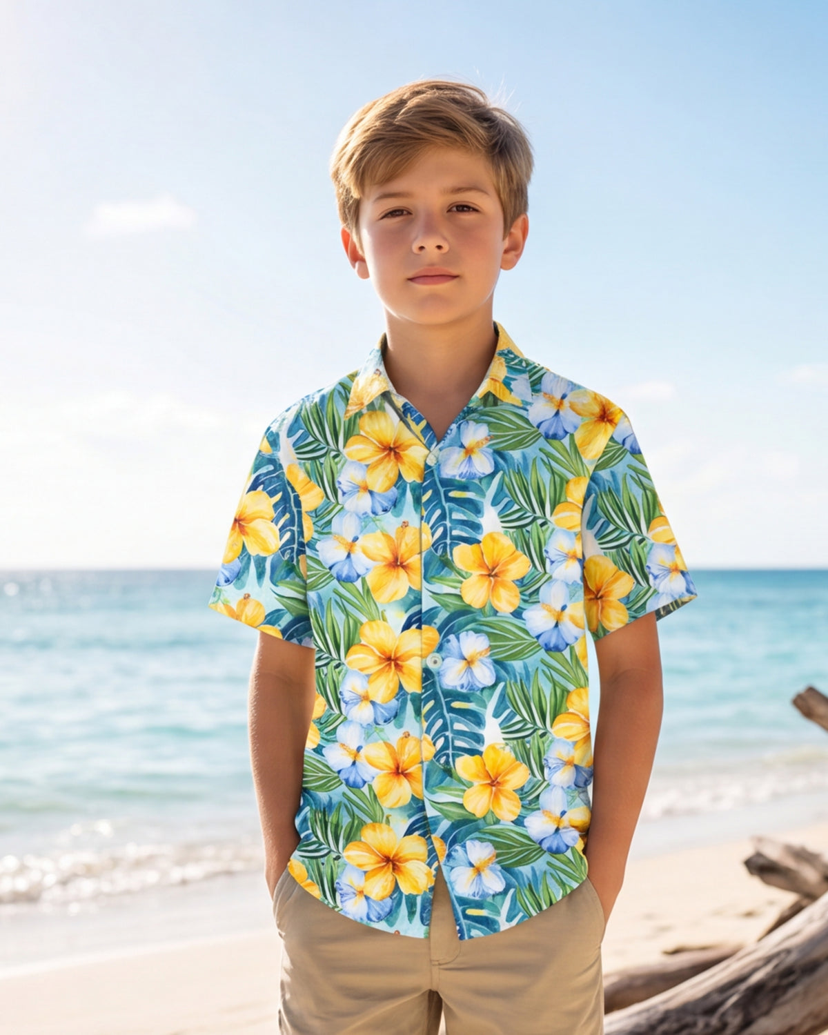 Youth Hawaiian Shirt - Yellow Hibiscus