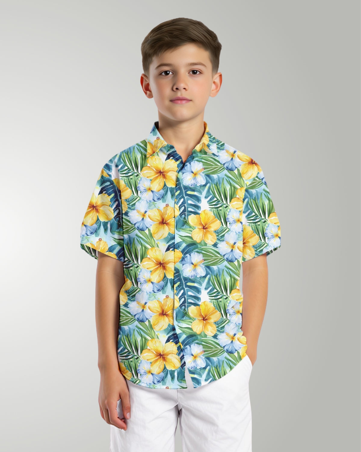 Youth Hawaiian Shirt - Yellow Hibiscus